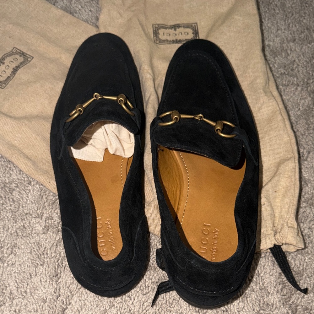 Gucci Black Suede Loafers with Gold Detail